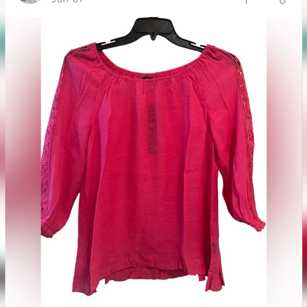 Unique Spectrum Hot Pink Lace Crochet Scoup Neck 3/4 Sleeve Ruffle Hem Top-XL